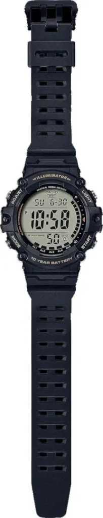 Casio Illuminator Extra Long Strap 10-Year Battery 100 M Water Resistant 5-Alarm w/Countdown Timer Mens Digital Watch, Black, AE-1500WHX-1AVCF