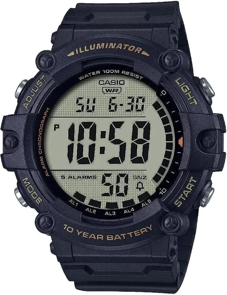 Casio Illuminator Extra Long Strap 10-Year Battery 100 M Water Resistant 5-Alarm w/Countdown Timer Mens Digital Watch, Black, AE-1500WHX-1AVCF