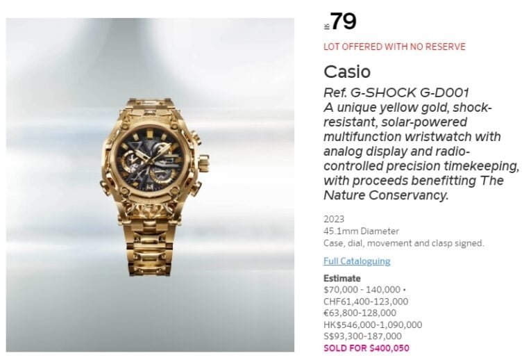 The one-of-one 18 karat gold G-Shock G-D001 sold for $400,050 at auction